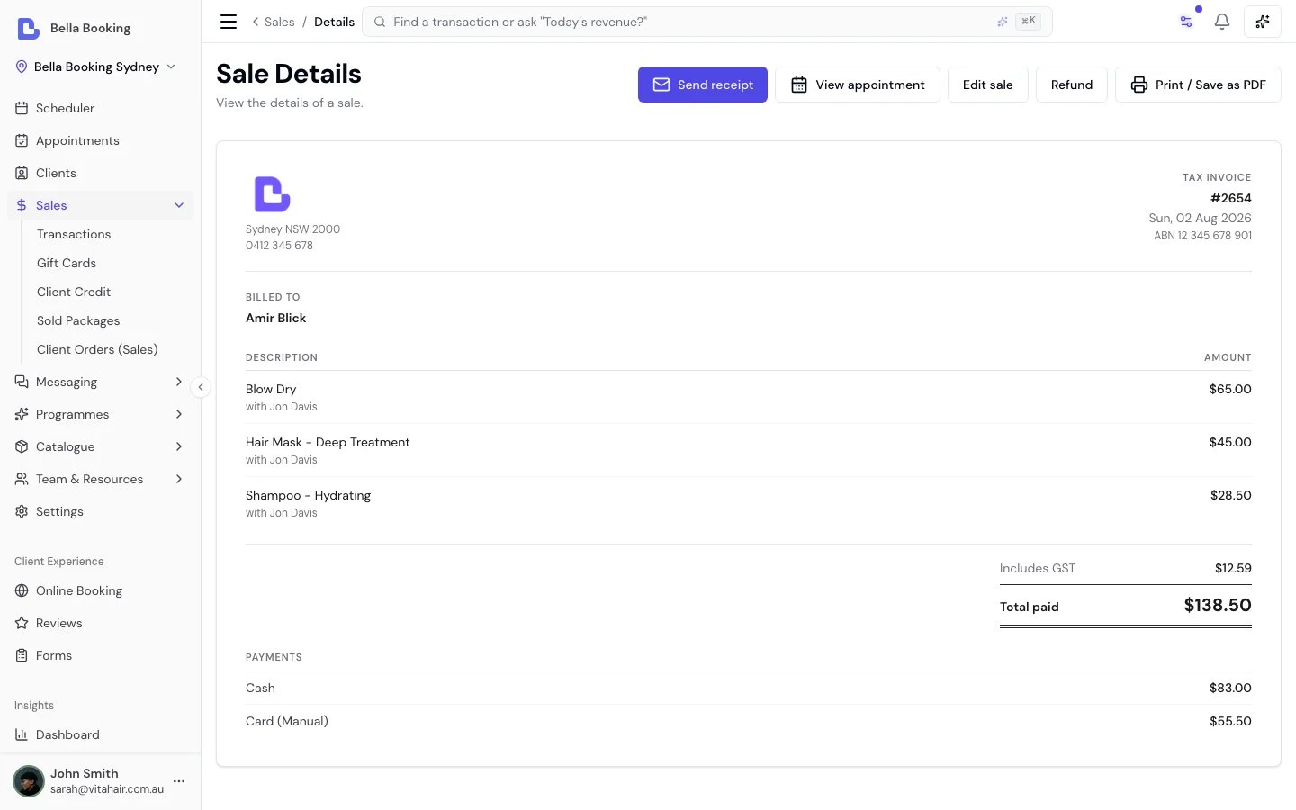 Bella Booking tax invoice showing itemised services and each payment taken