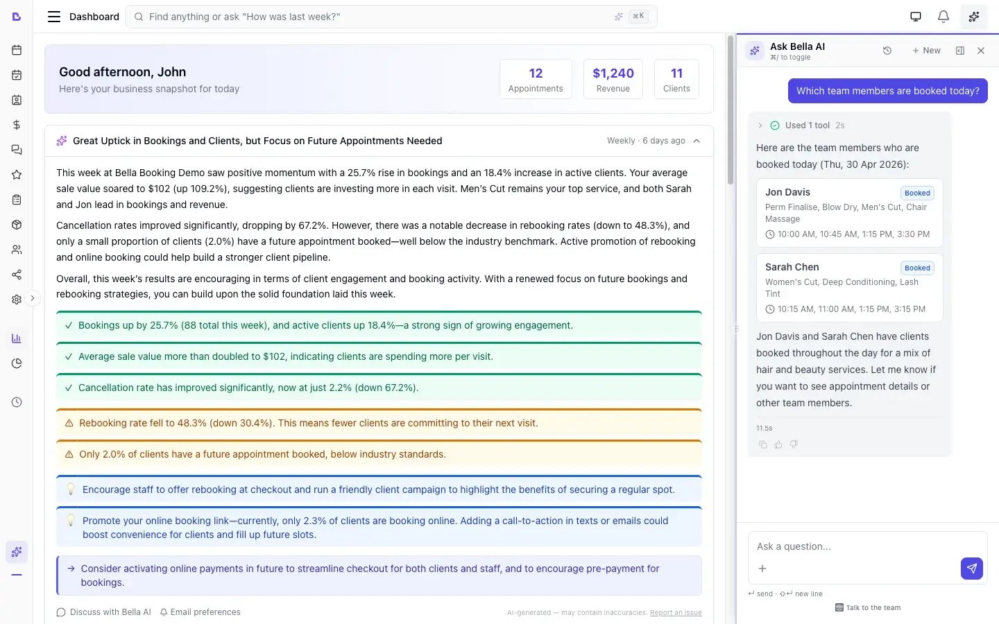 Bella AI assistant answering natural-language questions about your business - top clients, busiest days, slowest services - and surfacing the weekly business digest