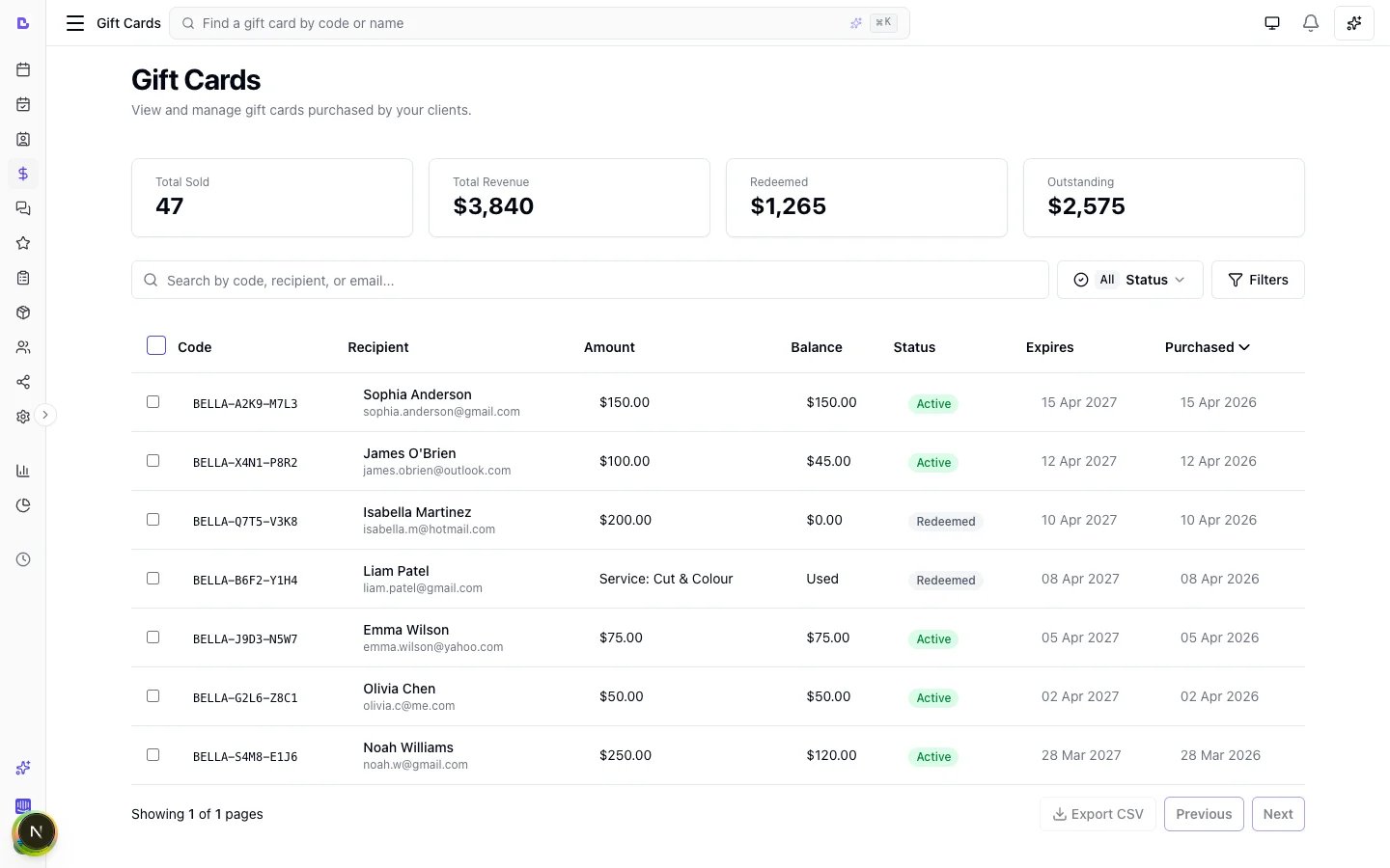 Bella Booking gift cards - sell, redeem, and track gift card balances in-person and online