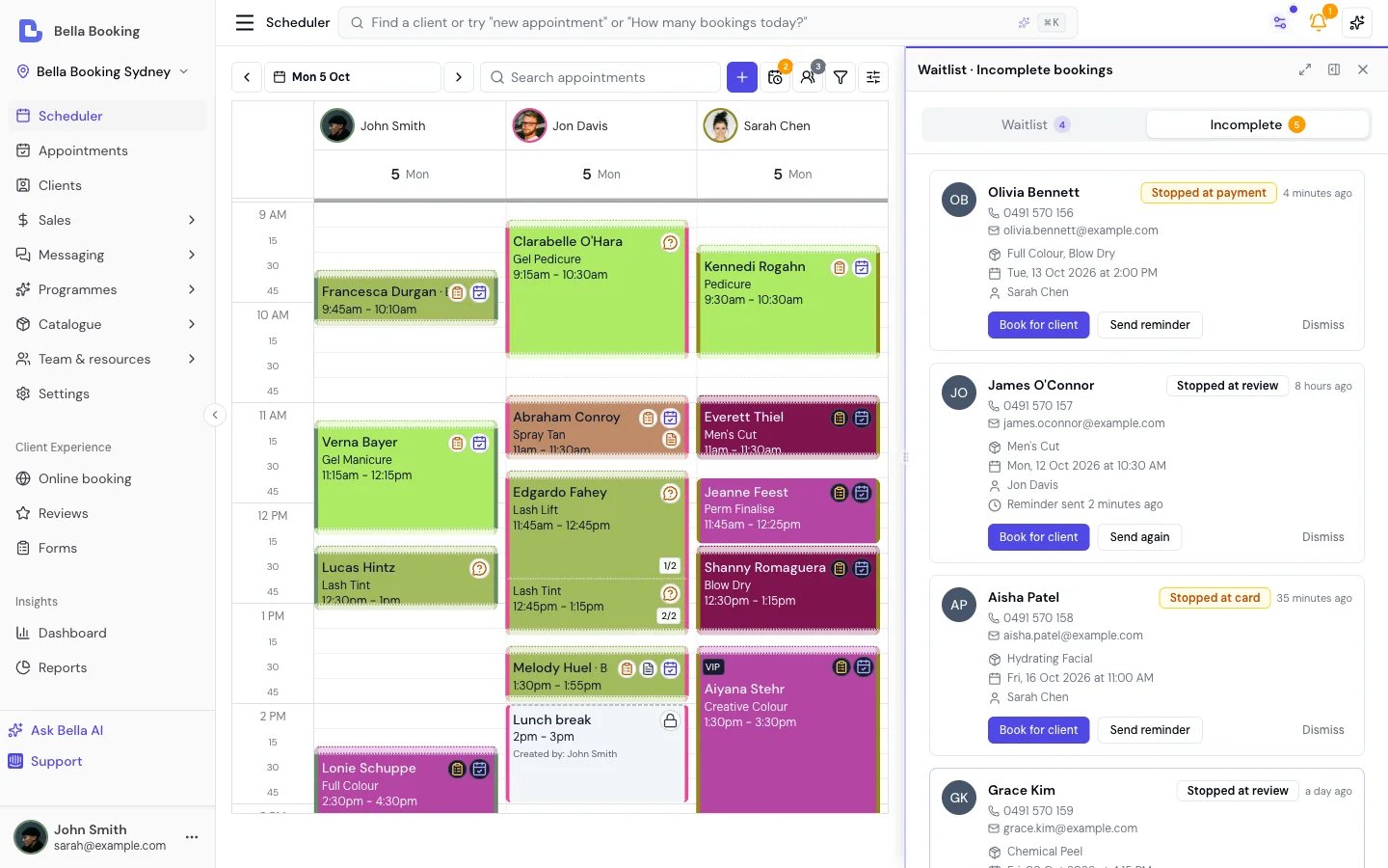 Bella Booking incomplete-booking recovery - drafts captured when clients abandon online booking, with one-tap resume links to follow up