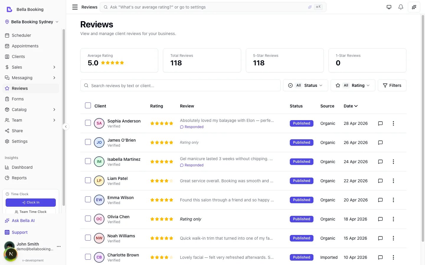 Bella Booking client reviews - verified feedback collected automatically after appointments, with AI moderation and public/private responses