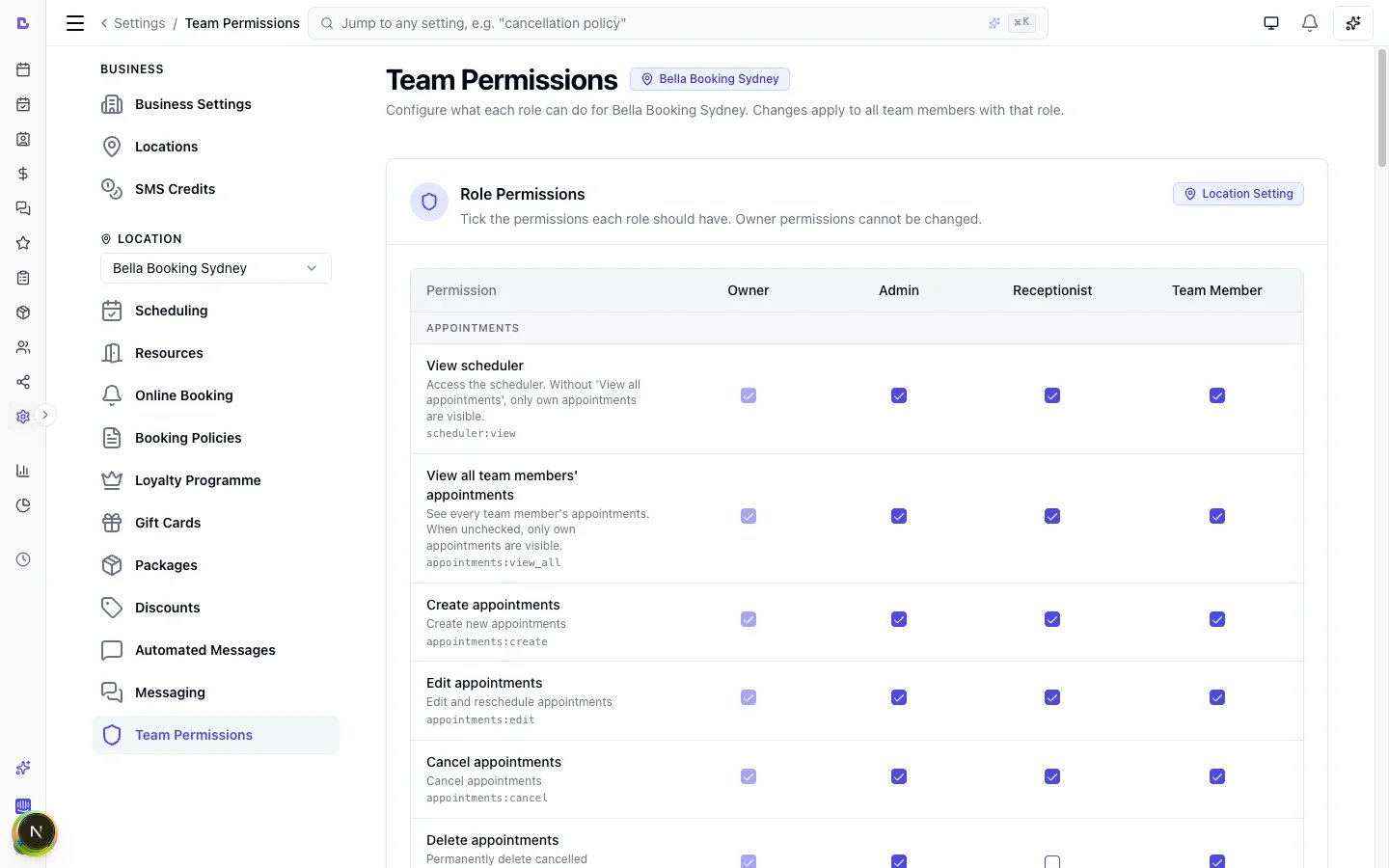 Bella Booking permission matrix - 68 granular permissions across 4 roles, with the toggles laid out as a dense control grid