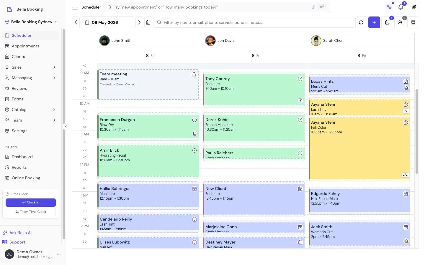 Bella scheduler day view — appointments, deposits, and rebookings shown on the production interface