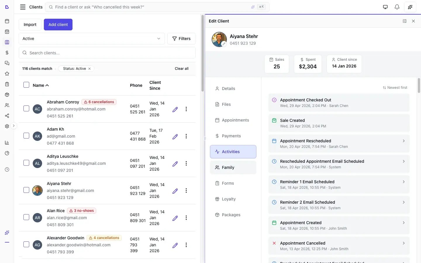 Bella Booking client profile showing the activity history audit trail — every booking, reschedule, cancellation, and email logged with timestamps