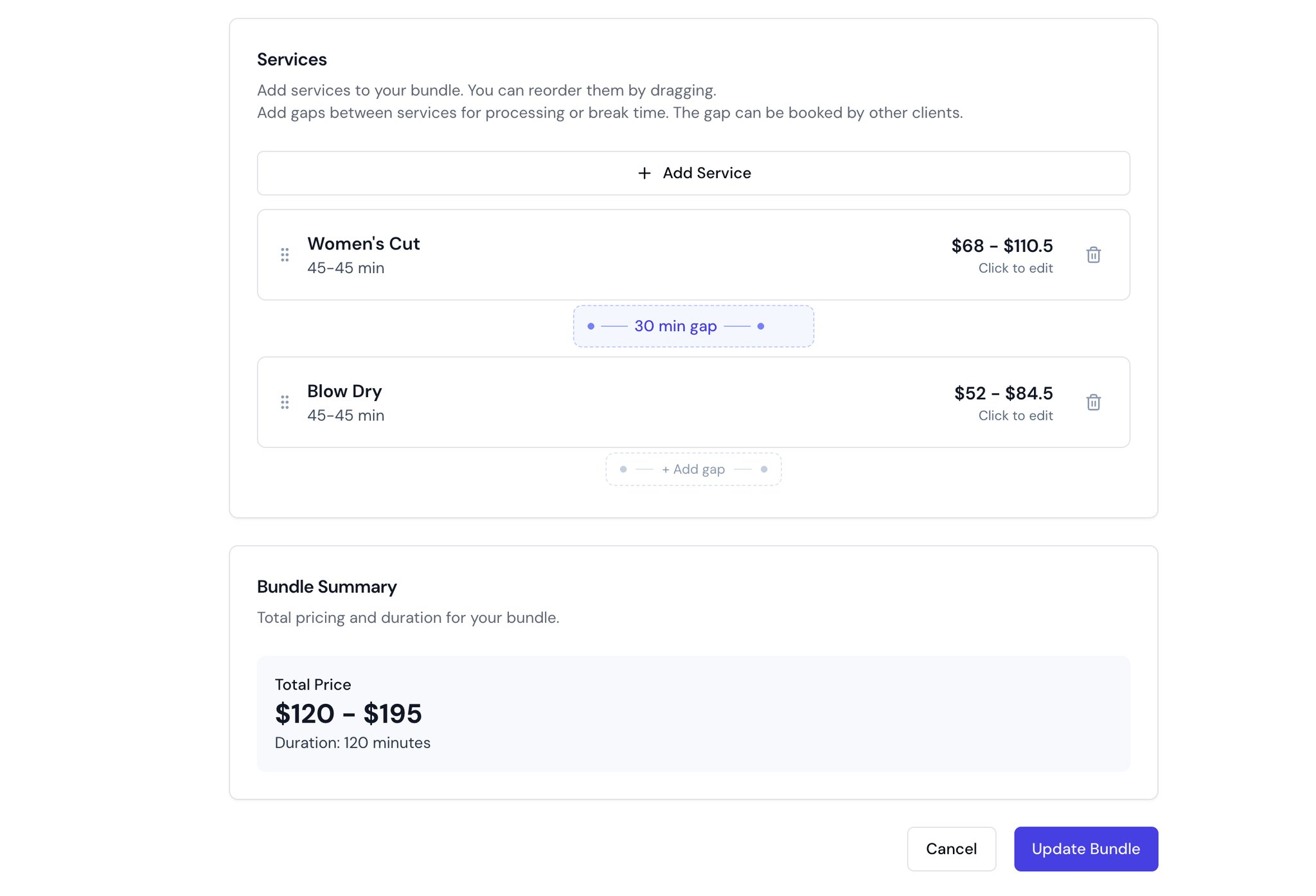Bella Booking bundle editor — combining services into a package with flexible pricing and savings shown to clients